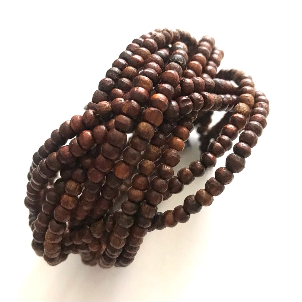 Women's Brown Beaded Coil Bracelet - Layered Wood Bead Design